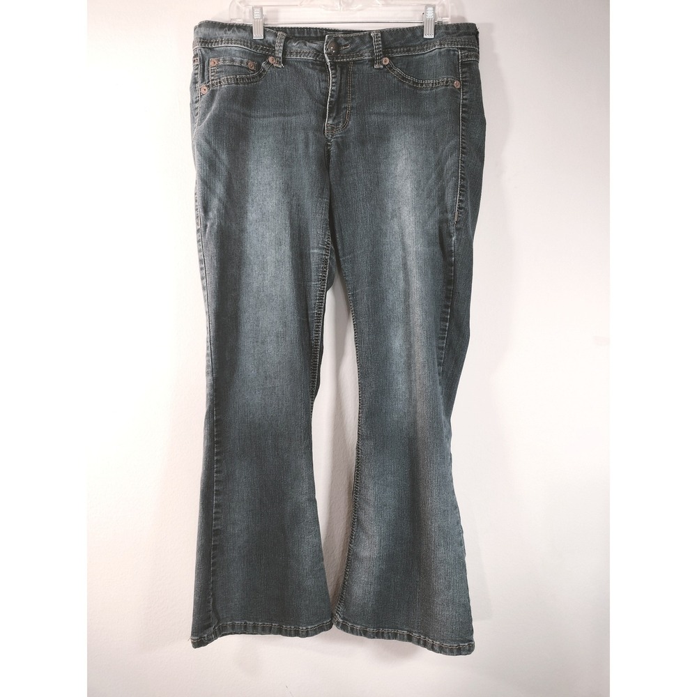 Source of Wisdom Dark Wash Flare Leg Denim Jeans Blue Mid Rise